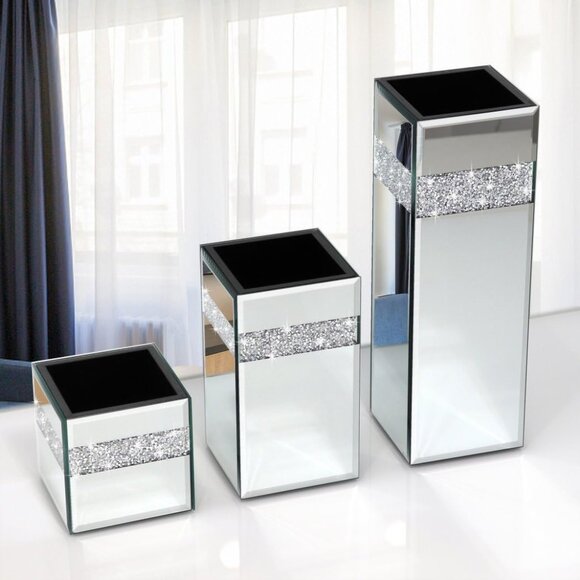 Crushed Diamond Mirrored Vase Pack of 3 Pieces Small Middle Large. Crystal Silve